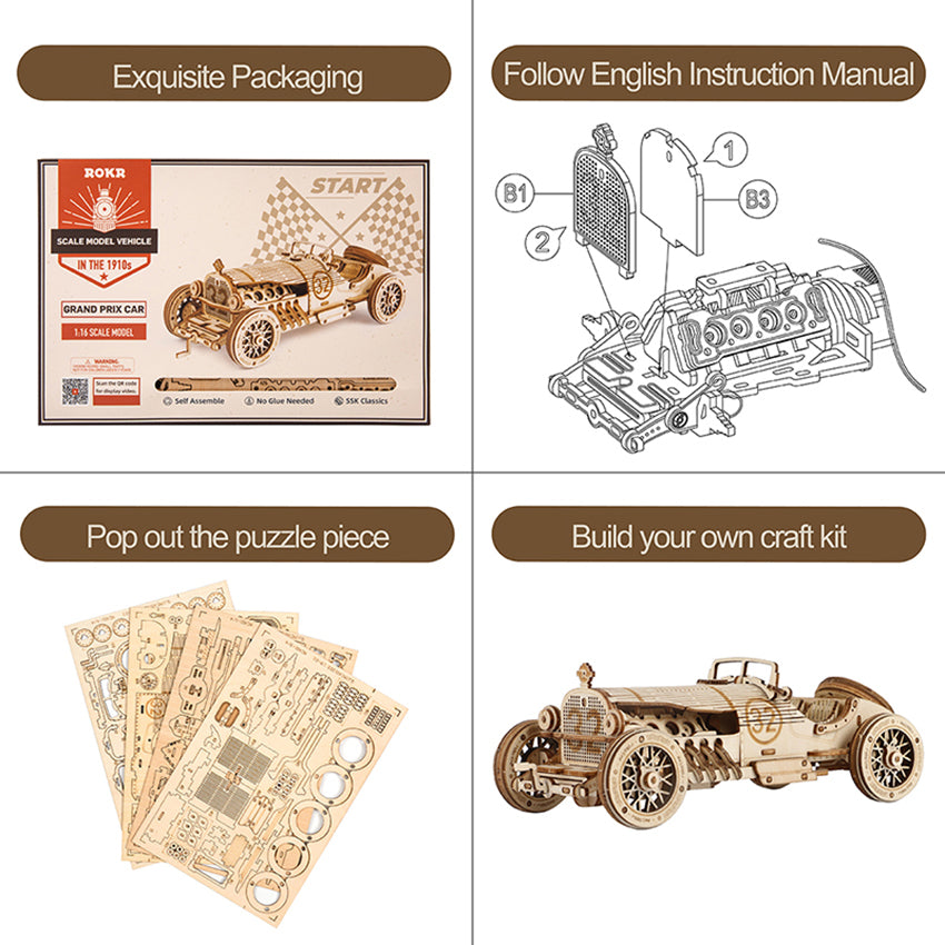 Grand Prix Car - Wooden Mechanical 3D Puzzle