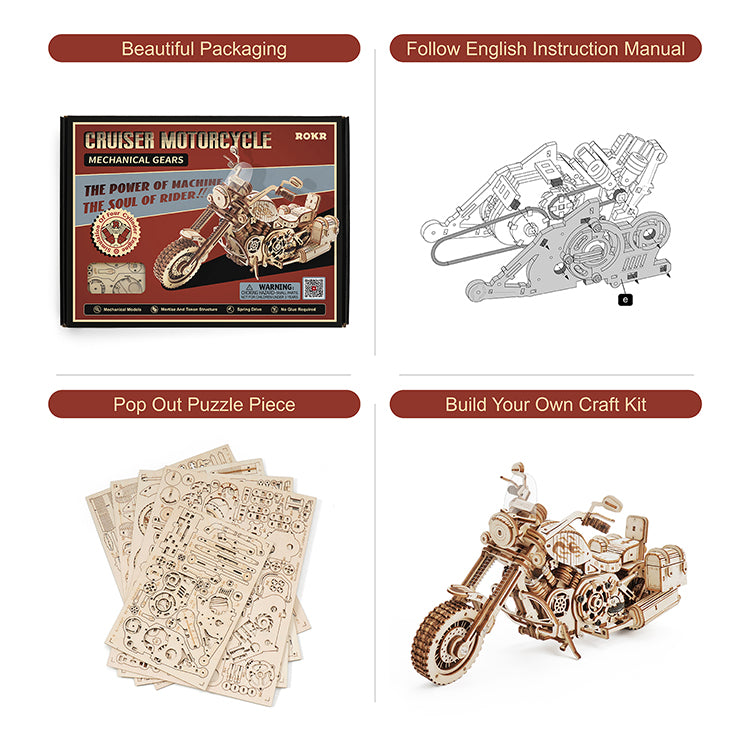 Cruiser Motorcycle - Wooden Mechanical 3D Puzzle
